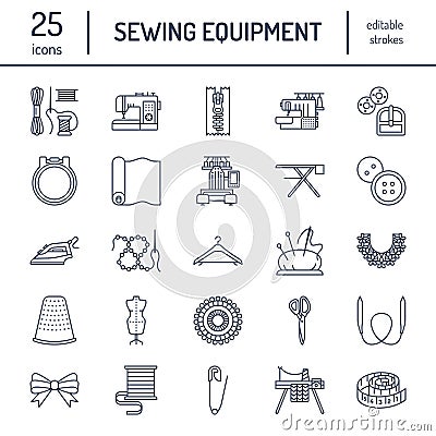 Sewing equipment, tailor supplies flat line icons set. Needlework accessories - sewing embroidery machine, pin, needle Vector Illustration