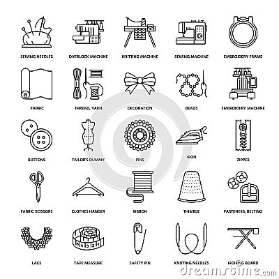 Sewing equipment, tailor supplies flat line icons set. Needlework accessories - sewing embroidery machine, pin, needle Vector Illustration