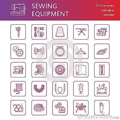 Sewing equipment, tailor supplies flat line icons set. Needlework accessories - sewing embroidery machine, pin, needle Vector Illustration