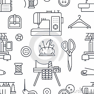 Sewing equipment, tailor supplies seamless pattern with flat line icons set. Needlework accessories - sewing embroidery Vector Illustration