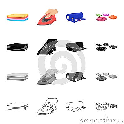 Sewing fabric, iron in hand, a roll of fabric, thread, scissors and a thimble, a set of buttons. Atelier and sewing set Vector Illustration