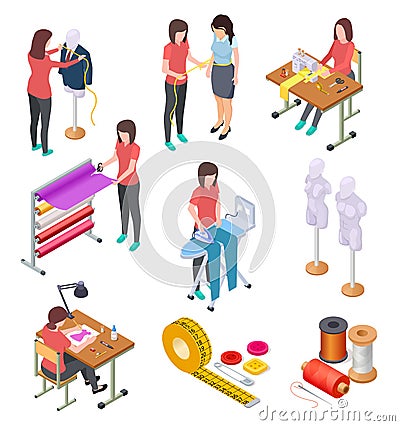 Sewing factory isometric set. Textile clothing manufacturing with workers and machinery. Industrial sewing 3d collection Vector Illustration