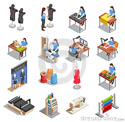 Sewing Factory Isometric Icons Set Vector Illustration