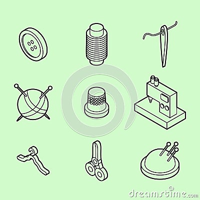 Sewing flat outline isometric icons Vector Illustration