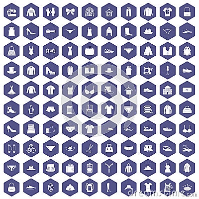 100 sewing icons hexagon purple Vector Illustration