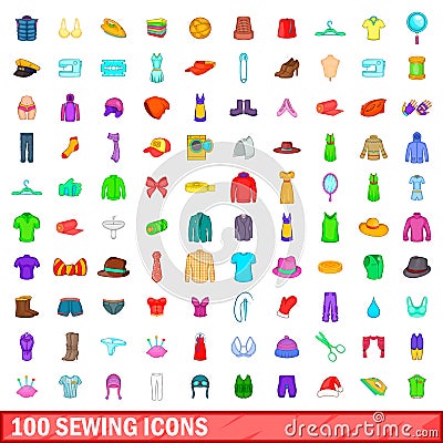 100 sewing icons set, cartoon style Vector Illustration