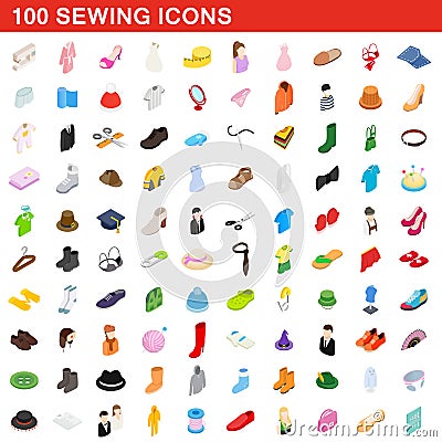 100 sewing icons set, isometric 3d style Vector Illustration