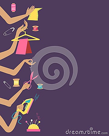 Sewing illustration with collection of differnt tools in hands Vector Illustration