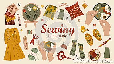 Sewing items set Cartoon Illustration