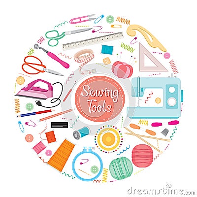 Sewing Kits Icons Set On Circle Frame Vector Illustration