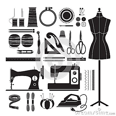 Sewing Kits Icons Set, Monochrome Vector Illustration