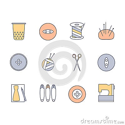 Sewing and knitting icons set. Skein of yarn, knitting needles, spool of thread, scissors, thimble, buttons, case, pins, machine Vector Illustration