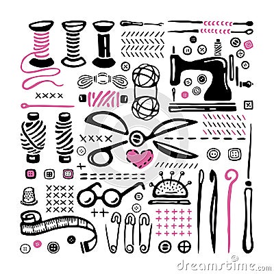 Sewing Tools Set. Wools yarns and bobbins of cotton thread. Black and white logos. Vector illustration Vector Illustration
