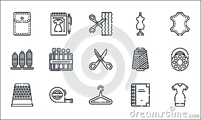 Sewing line icons. linear set. quality vector line set such as dress, hanger, thimble, catalogue, measuring tape, thread, thread, Vector Illustration