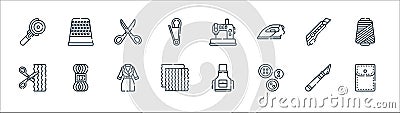 sewing line icons. linear set. quality vector line set such as pocket, buttons, fabric, scissors, cutter, scissors, sewing machine Vector Illustration