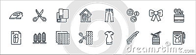 Sewing line icons. linear set. quality vector line set such as sketch, cutter, scissors, pattern, ribbon, fabric, trousers, Vector Illustration