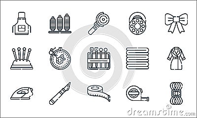 sewing line icons. linear set. quality vector line set such as thread, measuring tape, iron, measuring tape, cutter, pincushion, Vector Illustration