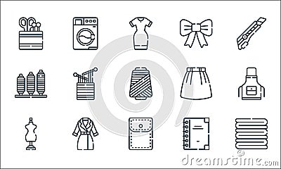 sewing line icons. linear set. quality vector line set such as fabric, pocket, mannequin, catalogue, jacket, thread, skirt, ribbon Vector Illustration