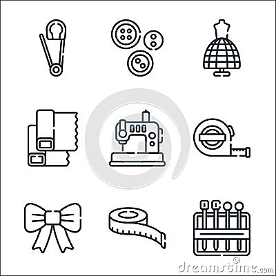 Sewing line icons. linear set. quality vector line set such as needles, measuring tape, ribbon, measuring tape, sewing machine, Vector Illustration