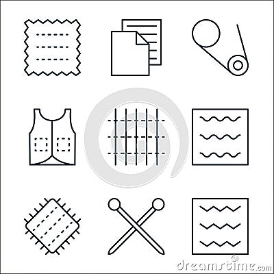 sewing line icons. linear set. quality vector line set such as patch, pins, fabric pattern, cloth stitches, stiching, dressmaking Vector Illustration