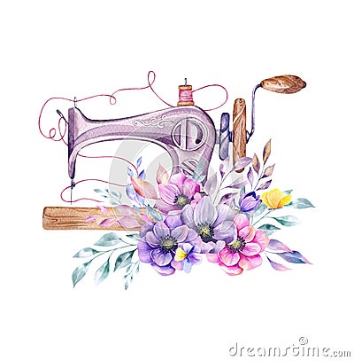 Sewing logo. Vintage sewing machine with florals Cartoon Illustration