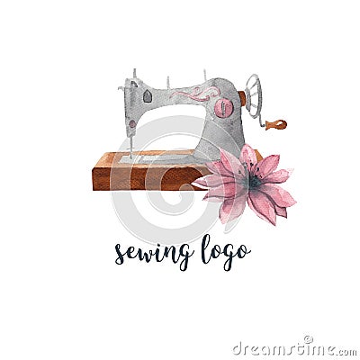 Sewing logo. Vintage sewing machine and pink flower. Watercolor illustration Cartoon Illustration