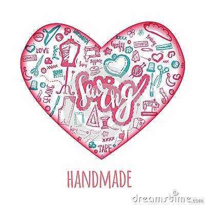 Sewing love doodle illustration in shape of heart. Handicrafted logo with needle, sewing machine, sewing pin, yarn. Vector Illustration