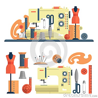 Sewing machine, accessories for dressmaking and handmade fashion. Vector set of flat icons, isolated design elements Vector Illustration