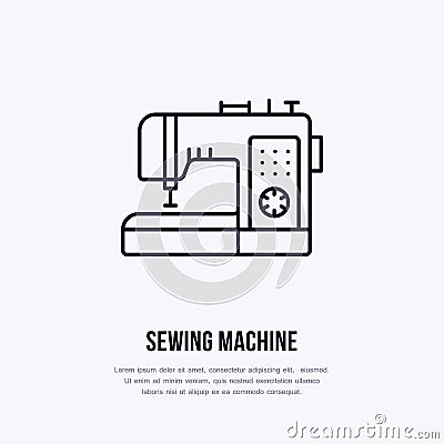 Sewing machine flat line icon, logo. Vector illustration of tailor supplies for hand made shop or dressmaking service Vector Illustration