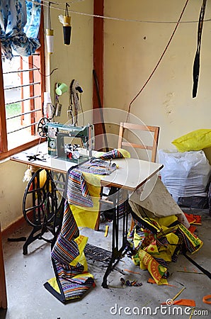Sewing machine for make souvenir from cloth at tibetan refugee camp Editorial Stock Photo