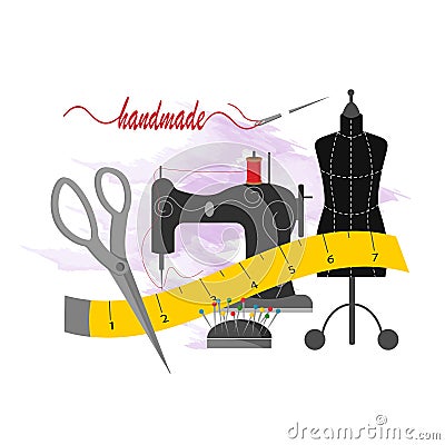 Sewing machine, mannequin, scissors and pins. Sewing tools. Vector Illustration