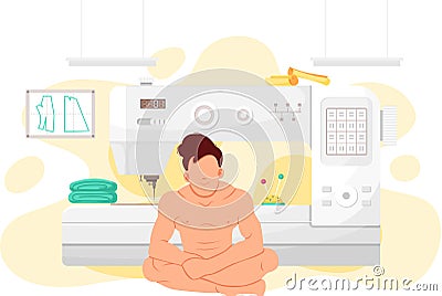 Naked faceless man after bath sits with sewing machine on background. Guy in underwear in atelier Vector Illustration