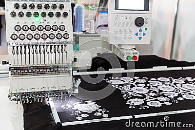 Sewing machine in work, textile fabric, nobody Stock Photo