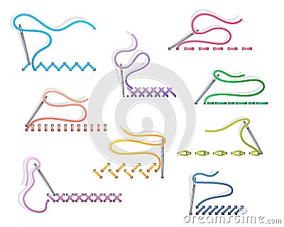 Sewing needles on white background with embroidery stitches Vector Illustration