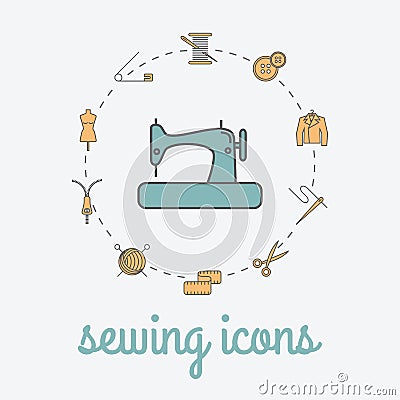 Sewing and needlework icons. Sewing studio poster. Vector Illustration