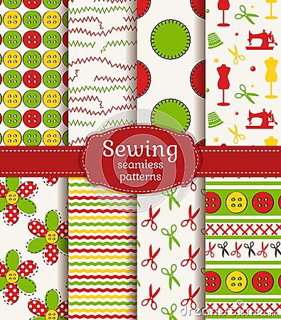 Sewing and needlework seamless patterns. Vector set. Vector Illustration