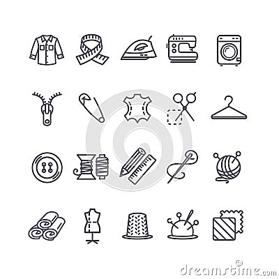 Sewing and Needlework Tool Black Thin Line Icon Set. Vector Vector Illustration