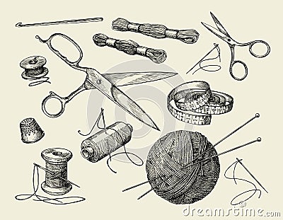 Sewing notions. Hand drawn thread, needle, scissors, ball of yarn, knitting needles, crochet. Vector illustration Vector Illustration