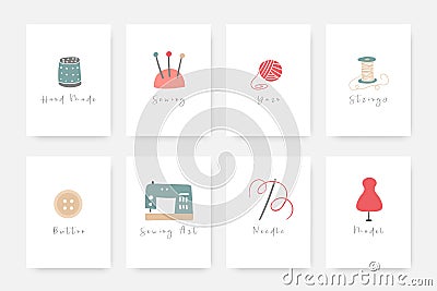 Sewing objects collection including sewing machine, needle, yarn, strings, button, model, needle pillow, thimble. Vector Illustration