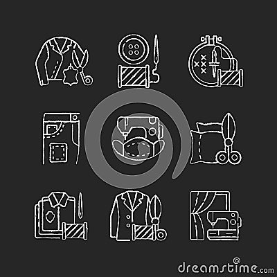 Sewing services chalk white icons set on black background Vector Illustration