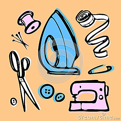 Sewing - set. doodle kit for fashion designer to sew. tailoring shop - color illustration. iron, sewing machine, scissors. fashion Vector Illustration