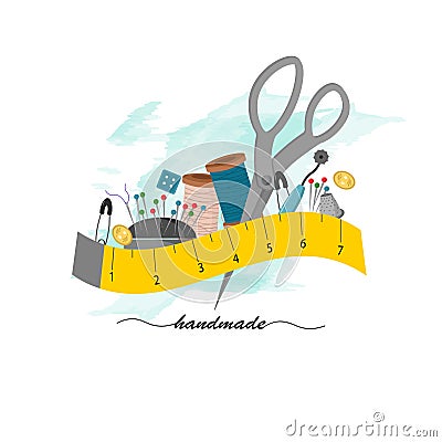 Sewing set of various tools for needlework. A centimeter, buttons, a spool of thread, a needle, a pillow for pins. Vector Illustration