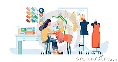 Sewing studio. Seamstress at work. Knitting crafts. Girl sews on machine. Patterns and mannequins. Tailor workplace with Vector Illustration