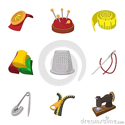 Sewing supplies icons set, cartoon style Vector Illustration