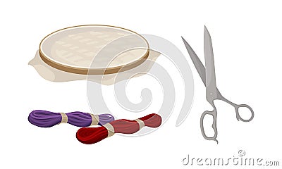 Sewing and Tailoring Accessories with Hoop, Yarn and Scissors Vector Set Vector Illustration