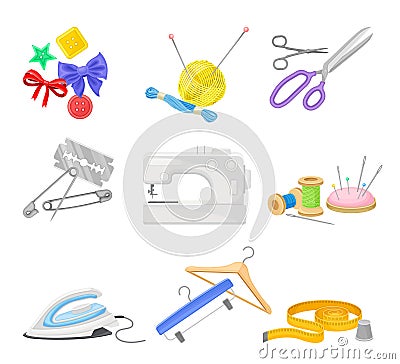 Sewing and Tailoring Equipment with Sewing Machine and Scissors Vector Set Vector Illustration