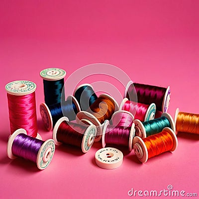 Sewing and tailoring supplies, with colorful thread spools and buttons Stock Photo