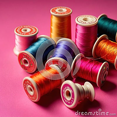 Sewing and tailoring supplies, with colorful thread spools and buttons Stock Photo