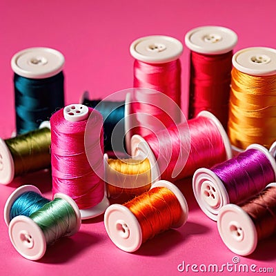 Sewing and tailoring supplies, with colorful thread spools and buttons Stock Photo