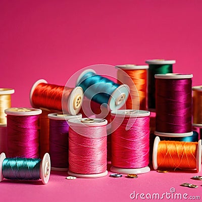 Sewing and tailoring supplies, with colorful thread spools and buttons Stock Photo